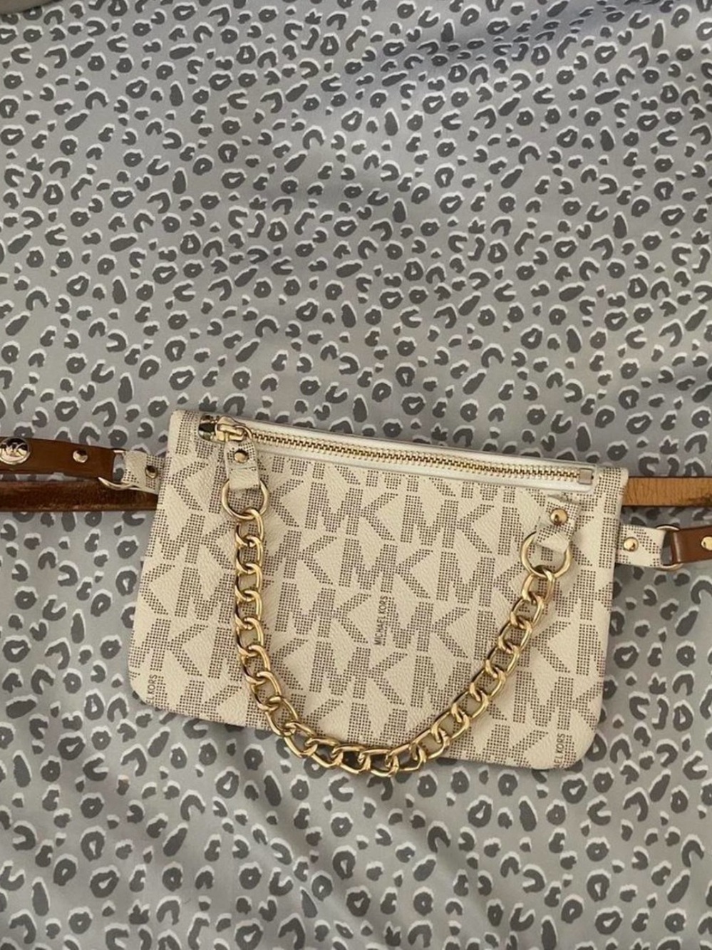 Michael Kors Cream Logo Chain Crossbody Belt Bag with Brown Strap